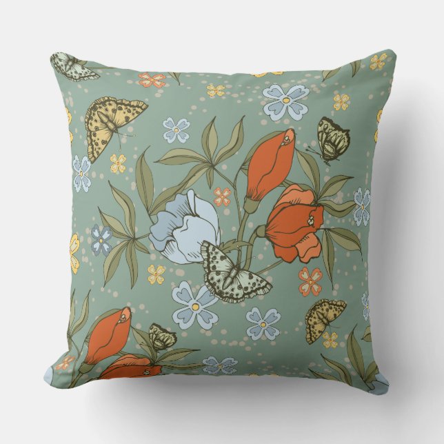 Gult Butterflies, blåröda tulippar Kudde (Framsida)