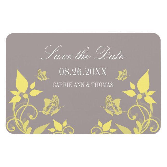 Gult Butterfly Blommigt Spara datum magneter (Horisontell)