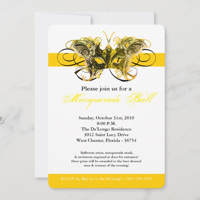 Gult Butterfly Masqueramasken Costume Halloween Inbjudningar (Framsida)