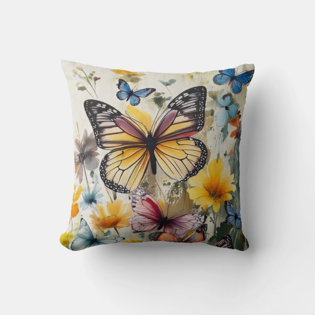 Gult Butterfly och Flowers Kudde (Framsida)