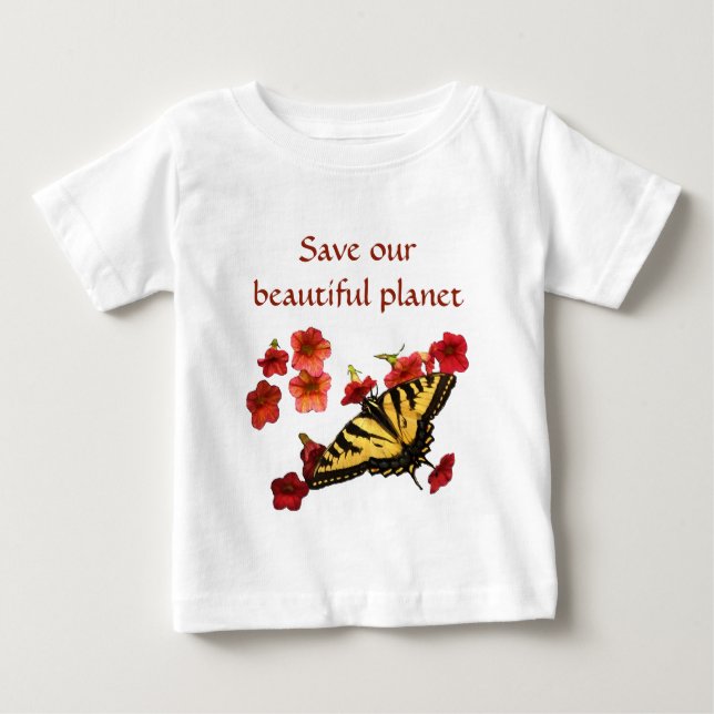 Gult Butterfly på Red Flowers Spara vår planet Tee Shirt (Framsida)