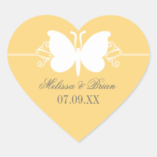 Gult Butterfly Swirls Wedding Stickers Hjärtformat Klistermärke