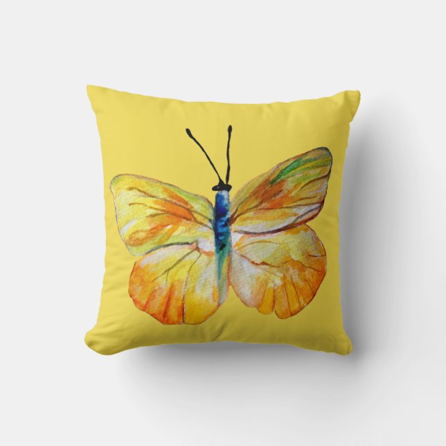 Gult Butterfly Watercolor teckning Cushion Kudde (Framsida)