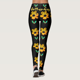 Gult Butterpe Flower Blommönster Black Yoga Leggings