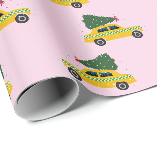 Gult Cab Taxi Fir Träd Mönster Rosa Christmasr Presentpapper (Rullad Hörn)