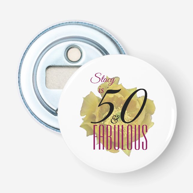 Gult Cactus Flower 50 och Fabulous Birthday Flasköppnare (Framsidan)