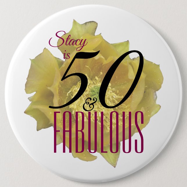 Gult Cactus Flower 50 och Fabulous Birthday Knapp (Framsida)