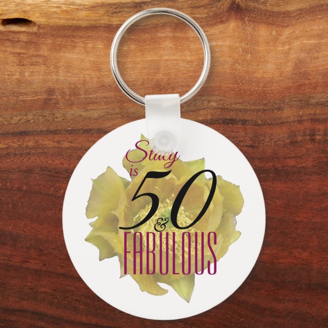 Gult Cactus Flower 50 och Fabulous Birthday Nyckelring (Framsida)