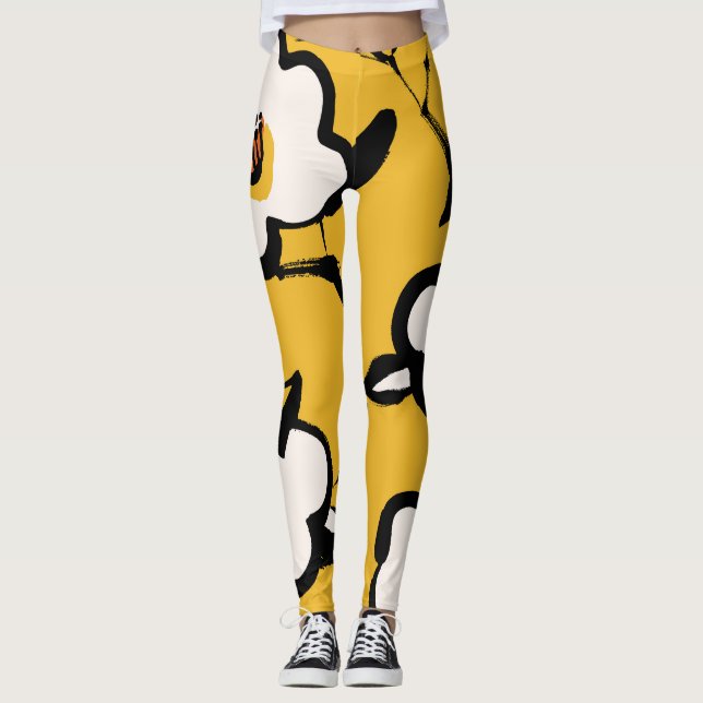Gult Camellia, sketchy blommigt vintage. Leggings (Framsida)