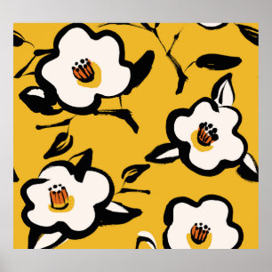 Gult Camellia, sketchy blommigt vintage. Poster