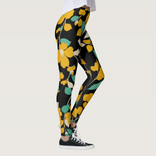 GULT CAMELLIAS,VITE GRÖNT LÖV SVART Blommigt Leggings