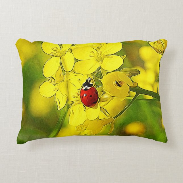 Gult Canola Flower Lycka till Red Ladybug Prydnadskudde (Framsidan)