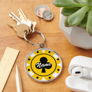 Gult casino poker chip-nyckelkedja med namn rund silverfärgad nyckelring