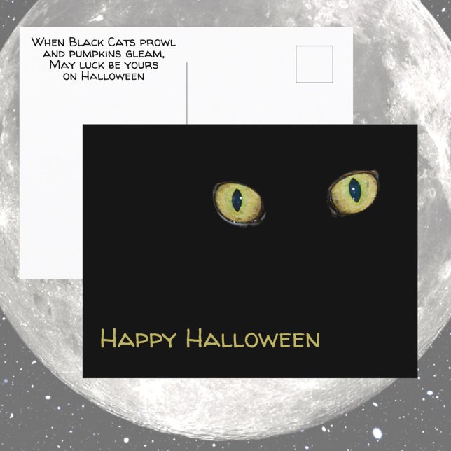Gult Cat Ögon Happy halloween Photographic Black Vykort (Skapare uppladdad)