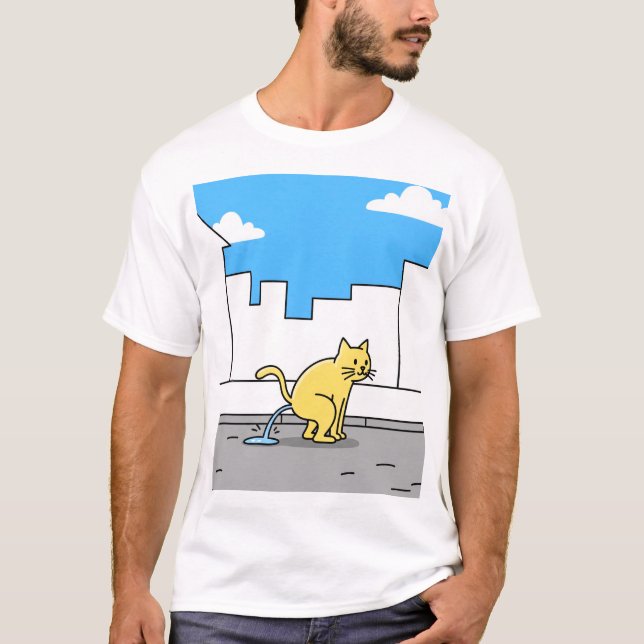 Gult Cat Peeing City Sidepromenadpet Slösar T Shirt (Framsida)