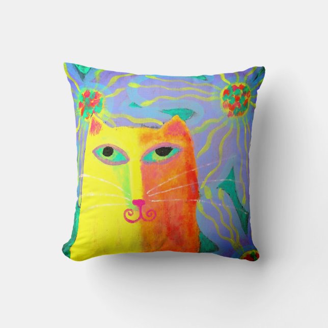 Gult Cat with Flowers Abstrakt Art Kudde (Framsida)