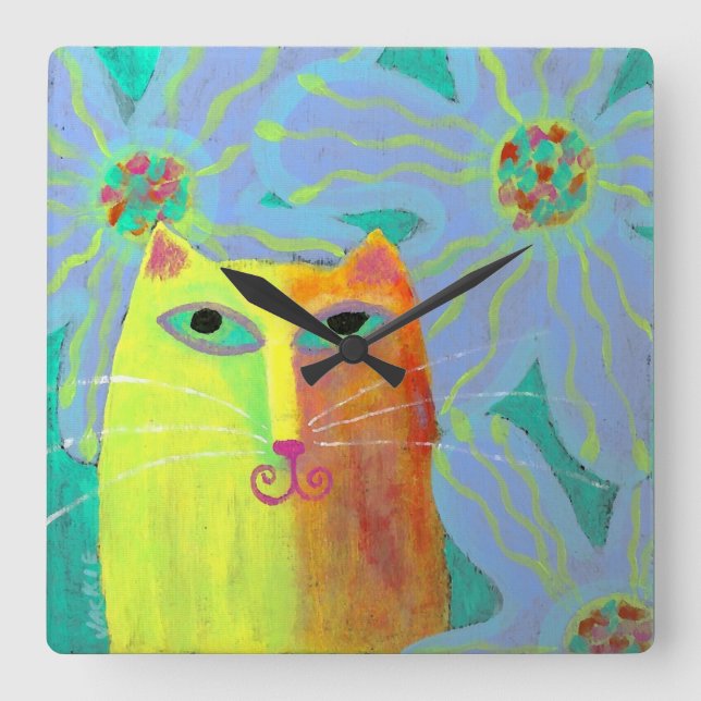 Gult Cat with Flowers Abstrakt Art Round Clock Fyrkantig Klocka (Framsida)