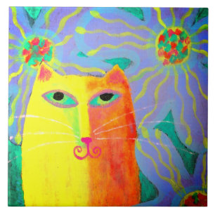 Gult Cat with Flowers Abstrakt Paeing Kakelplatta