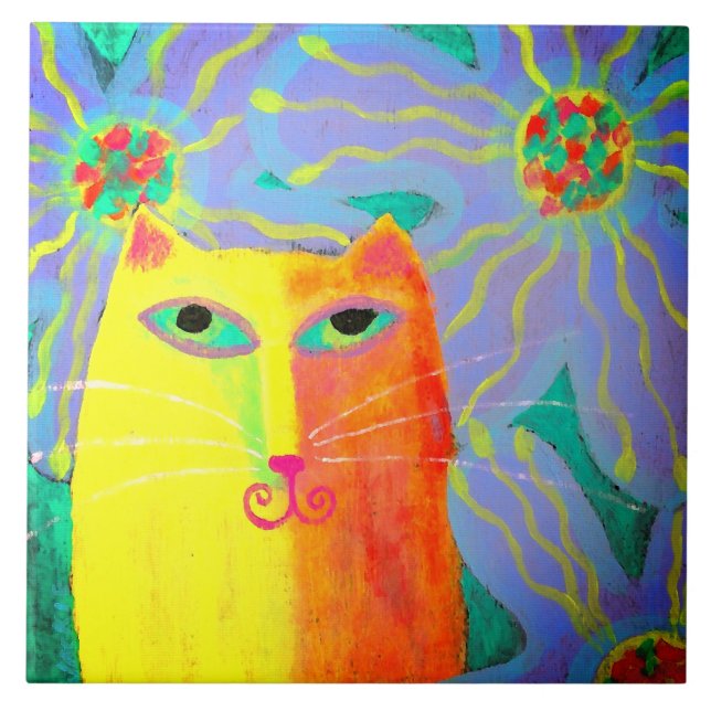 Gult Cat with Flowers Abstrakt Paeing Kakelplatta (Framsidan)