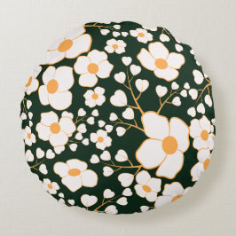 Gult Centrerade vitblommor och Gröntens bakgrund Rund Kudde