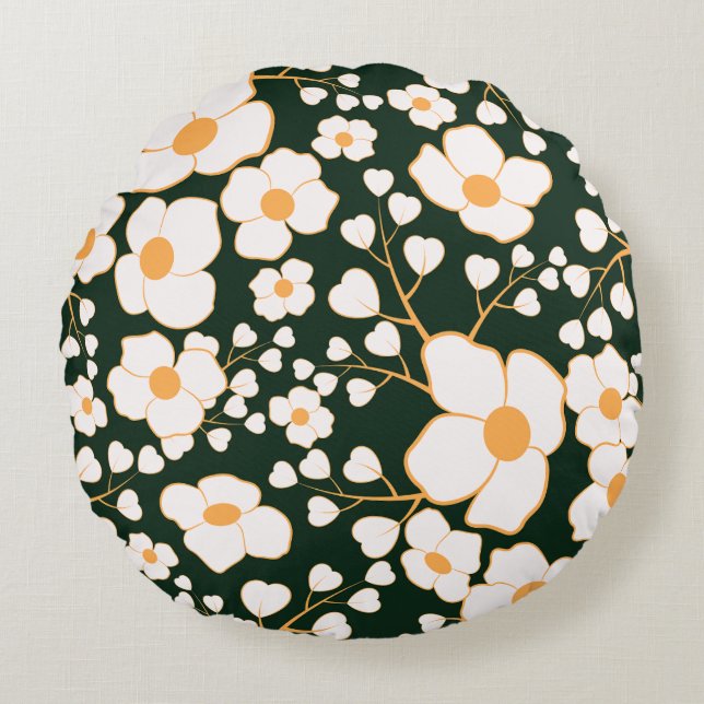 Gult Centrerade vitblommor och Gröntens bakgrund Rund Kudde (Framsidan)