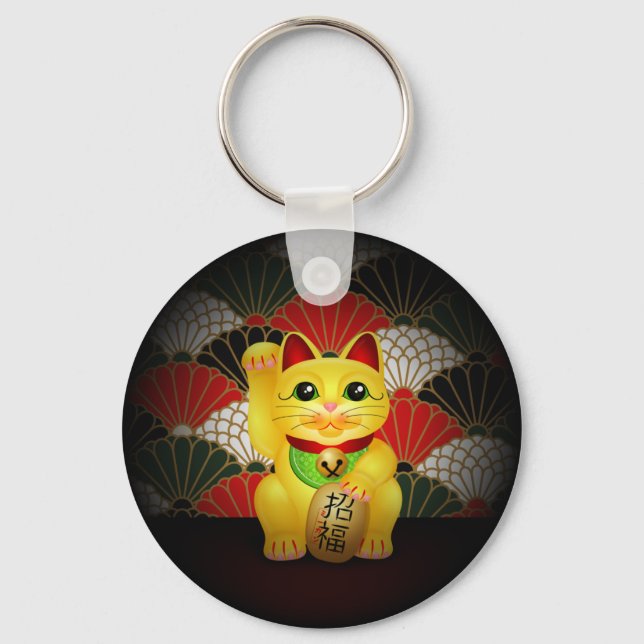 Gult Ceramic Maneki Neko Nyckelring (Framsida)