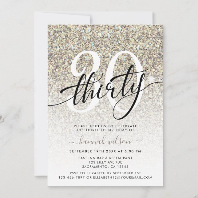Gult Champagne Glitter 30års födelsedag Party Inbjudningar (Framsida)