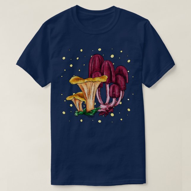 Gult chanterelle och lila svampar som är ljusa för t shirt (Design framsida)