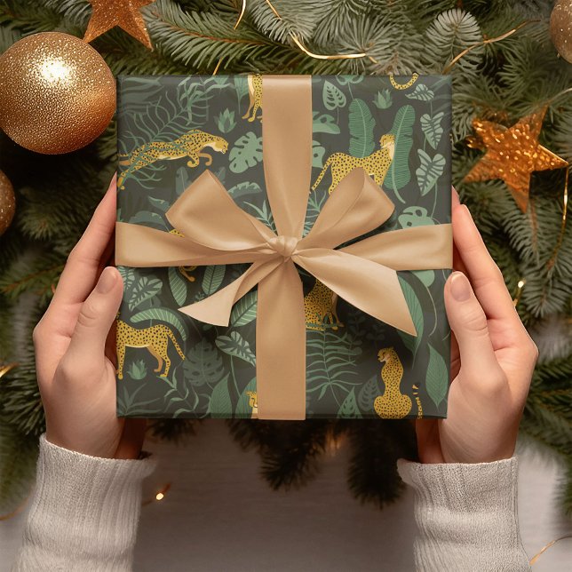 Gult Cheetahs Vild Jungle Tropical Grönt Plants Presentpapper (Skapare uppladdad)