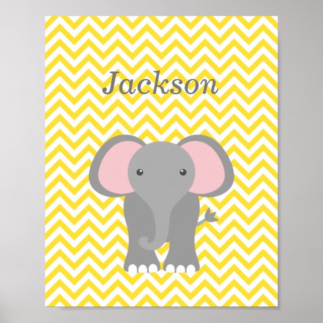 Gult Chevron Elephant Personlig Nursery Decor Poster (Framsidan)