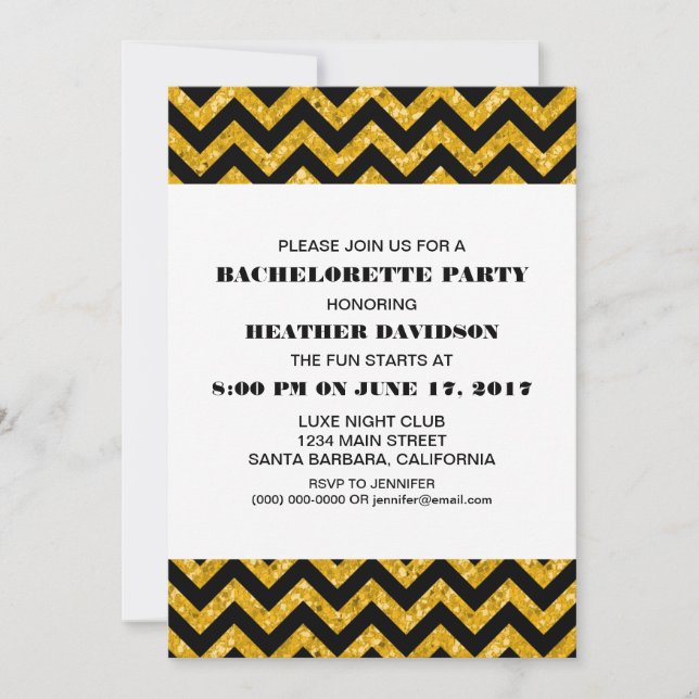 Gult Chevron Glitter Bachelorette Party Inbjudningar (Framsida)