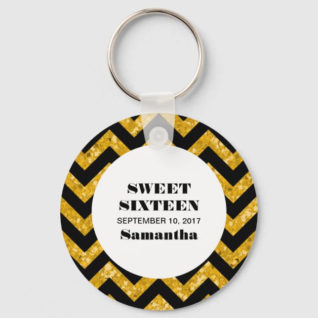 Gult Chevron Glitter Sweet 16 Keychain Nyckelring (Framsida)