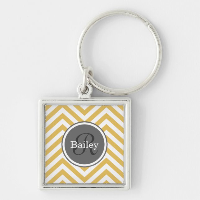Gult Chevron Monogram Fyrkantig Silverfärgad Nyckelring (Framsidan)