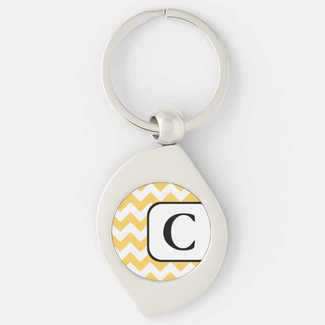 Gult Chevron Monogram Keychain Swirl Silverfärgad Nyckelring (Framsidan)