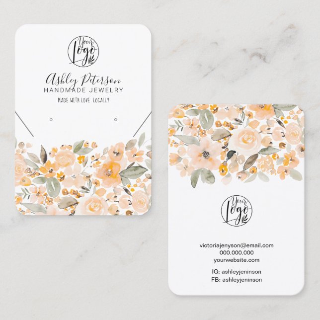 Gult chic blommigt logotyp  smyckesörarena halsban visitkort (Fram/baksida)