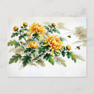 Gult Chrysanthemums Asian Bläck Painting Helg Vykort