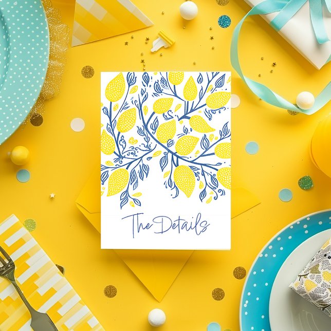 Gult citron, blå viner bröllop tilläggskort (Bright yellow and blue lemon vines wedding enclosure card that says "The Details" in elegant script)