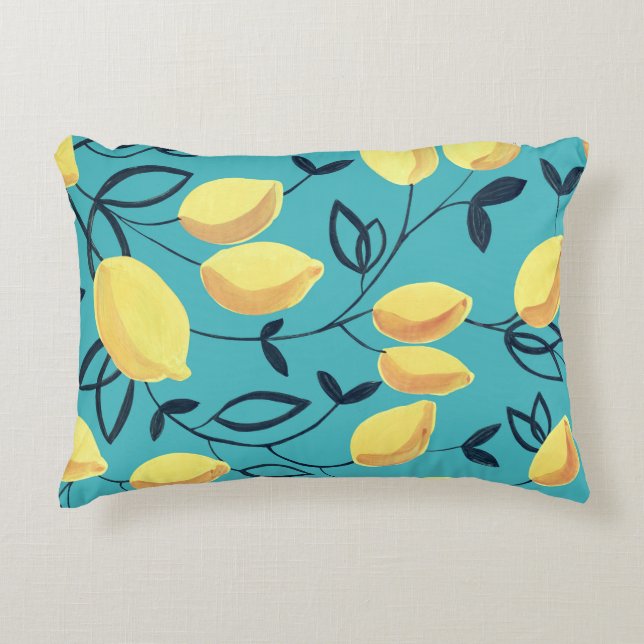 Gult citron gouache mönster på turkos. prydnadskudde (Framsidan)