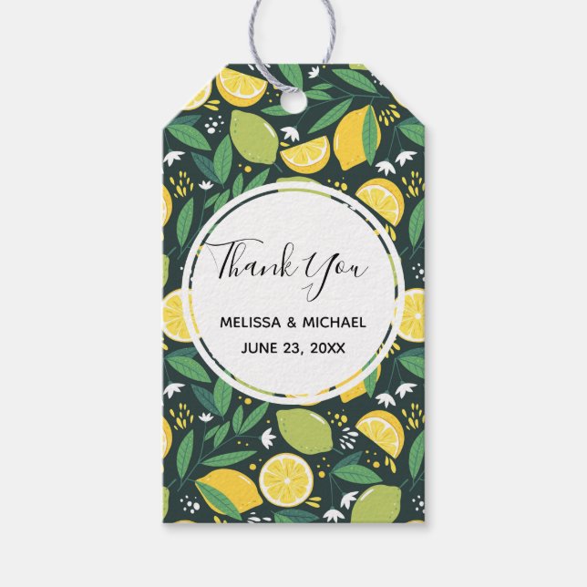 Gult citron och grön lime frukt mat mönster presentetikett (Framsidan)