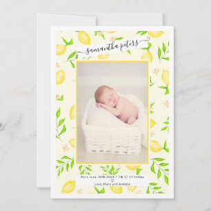 Gult citroner frukt vattenfärgsfoto baby vid födse meddelande