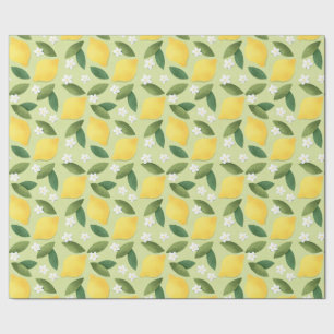 Gult Citroner, Grönt Löv och vitblommor Presentpapper