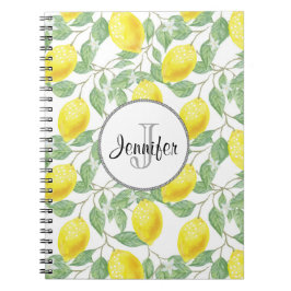 Gult citroner med Grönt Löv Mönster Monogram Anteckningsbok Med Spiral
