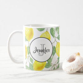 Gult citroner med Grönt Löv Mönster Monogram Kaffemugg