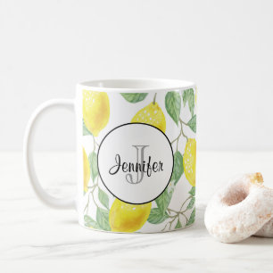 Gult citroner med Grönt Löv Mönster Monogram Kaffemugg