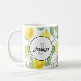 Gult citroner med Grönt Löv Mönster Monogram Kaffemugg