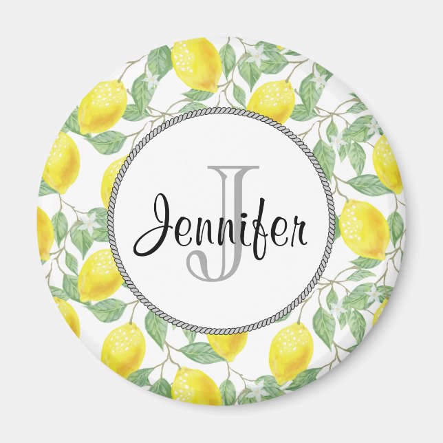 Gult citroner med Grönt Löv Mönster Monogram Magnet (Framsidan)