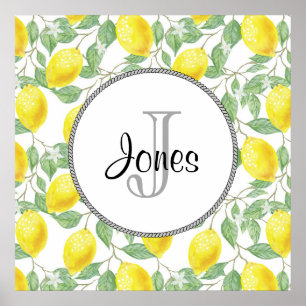 Gult citroner med Grönt Löv Mönster Monogram Poster