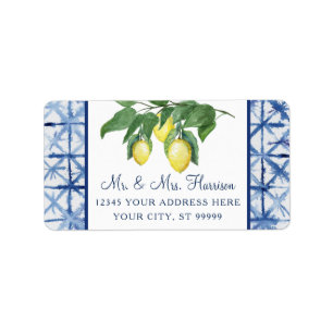 Gult Citrons Citrus Foliage Blue White Bröllop Adressetikett