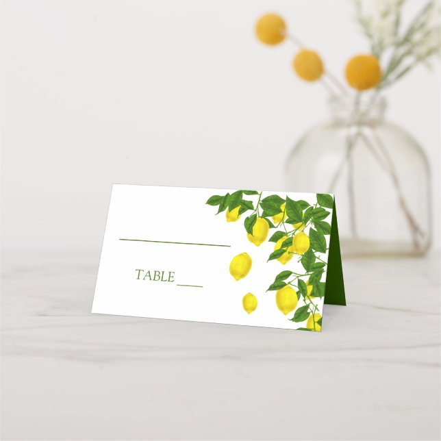 Gult Citrus-Bröllopsfest, citron och Grönt Löv Placeringskort (Framsida)