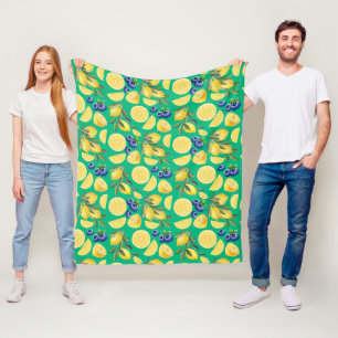 Gult Citrus citons och Blueberry Mönster Fleecefilt